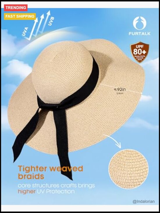 Wide Brim Sun Straw Hat UPF 80 Floppy Beach Foldable Packable with Chin Strap